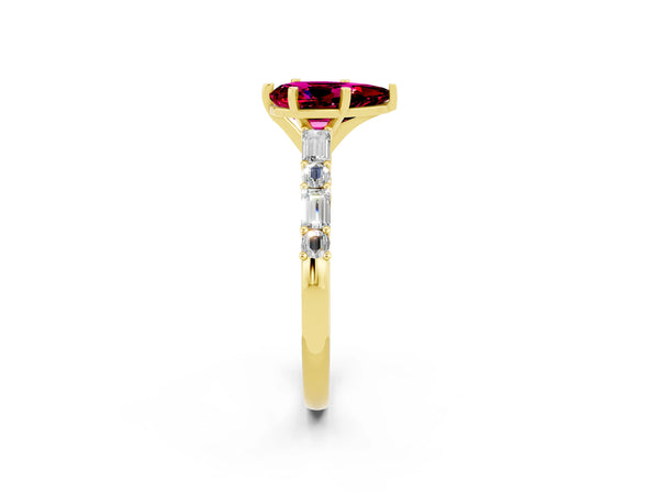 Yellow gold Pear Cut Garnet Solitaire with Side Baguettes and Channel Set Band