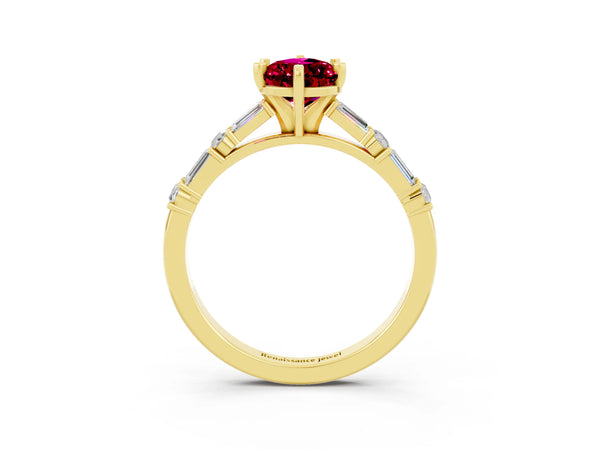 Yellow gold Pear Cut Garnet Solitaire with Side Baguettes and Channel Set Band