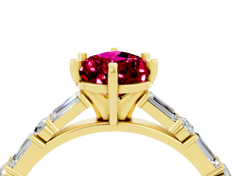 Yellow gold Pear Cut Garnet Solitaire with Side Baguettes and Channel Set Band_4