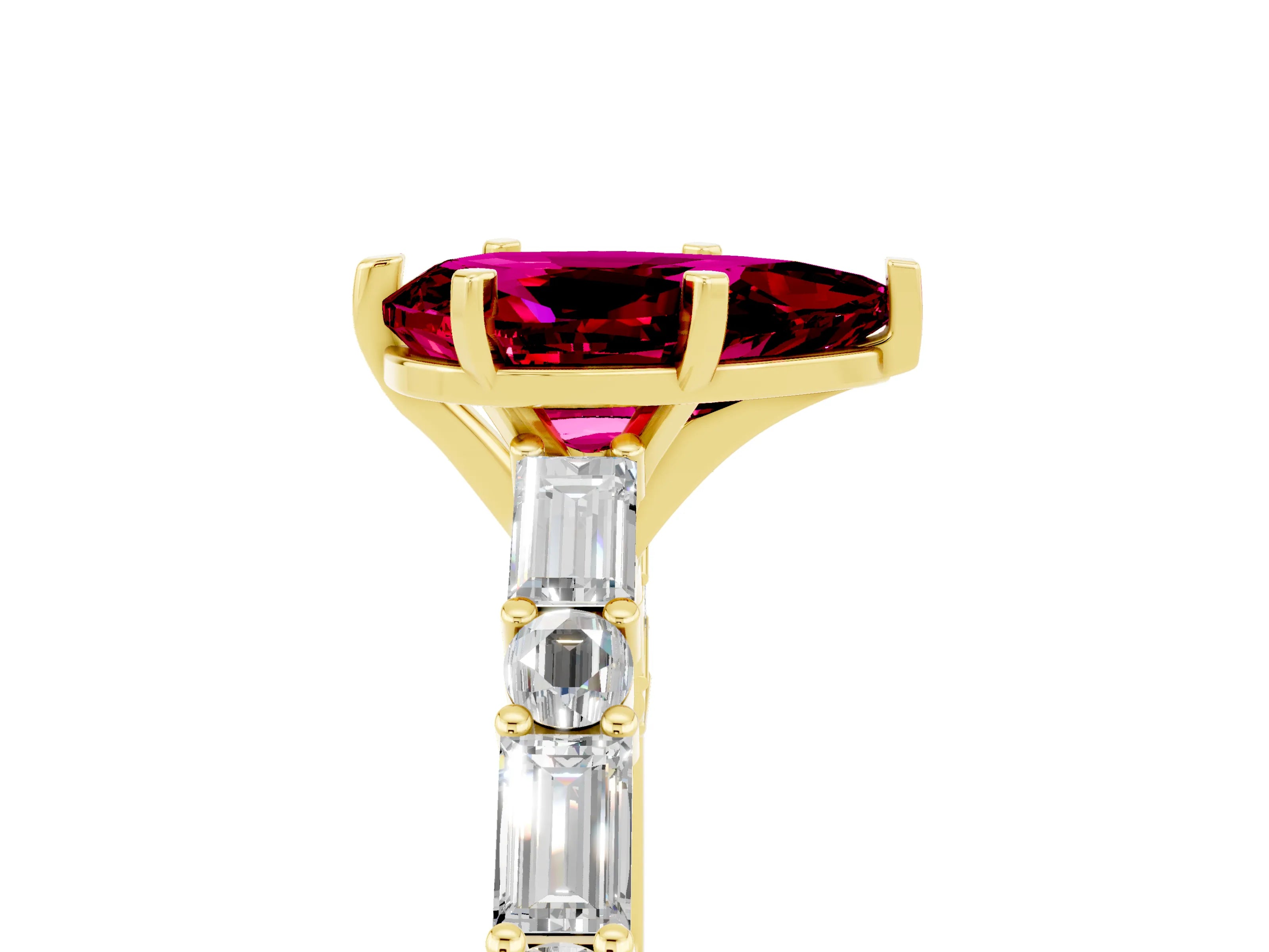 Yellow gold Pear Cut Garnet Solitaire with Side Baguettes and Channel Set Band_5
