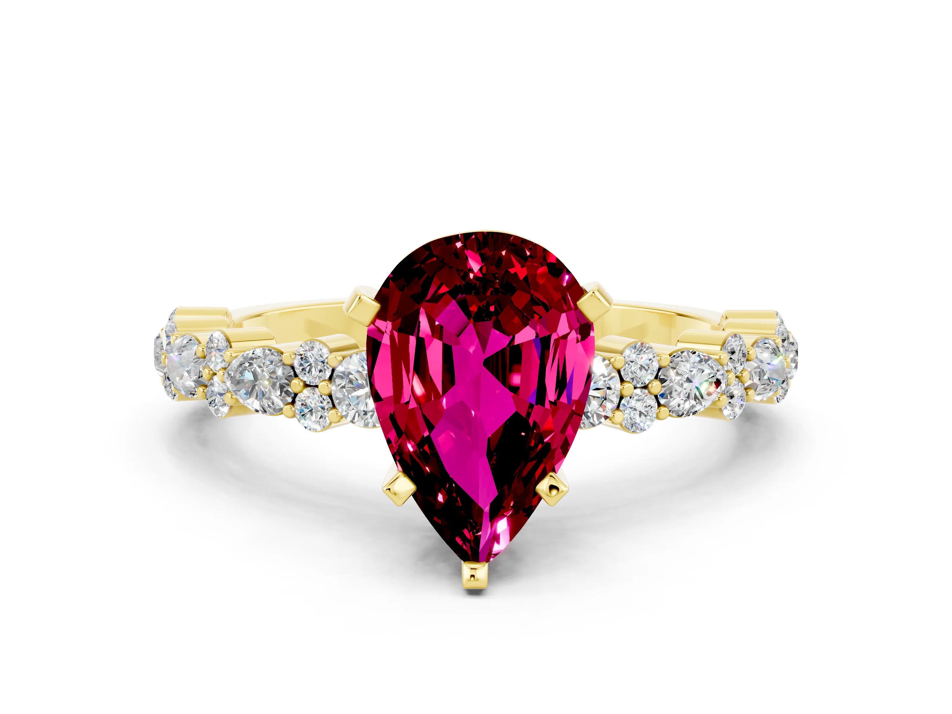 Yellow gold Pear Cut Garnet Solitaire with Side Stones, Pave Band, Four-Prong Setting_36