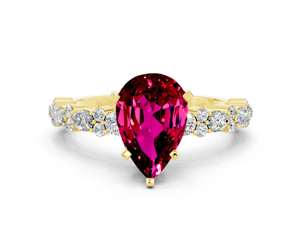 Yellow gold Pear Cut Garnet Side Stone Solitaire Ring with Round  and Four-Prong Setting