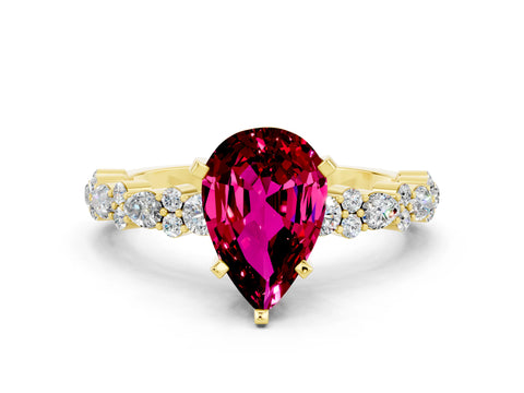 Yellow gold Pear Cut Garnet Solitaire with Side Stones, Pave Band, Four-Prong Setting_36