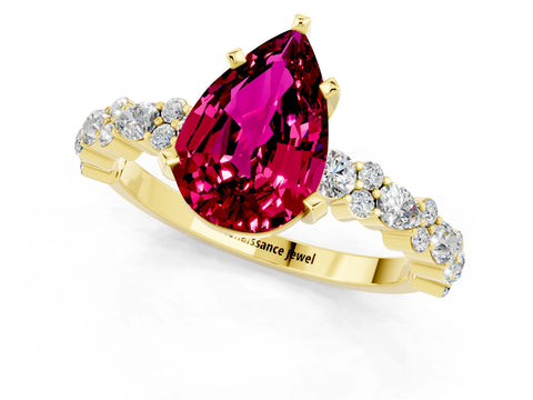 Yellow gold Pear Cut Garnet Solitaire with Side Stones, Pave Band, Four-Prong Setting_37