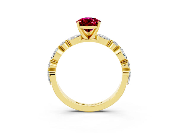 Yellow gold Pear Cut Garnet Ring with Marquise and Round  Side Stones and Four-Prong Setting