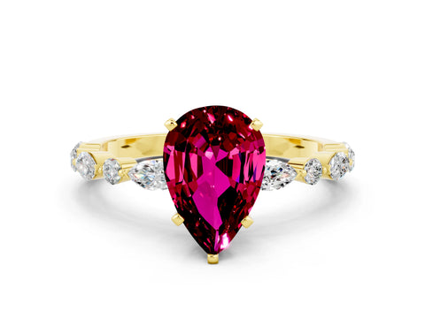 Yellow gold Pear Cut Garnet Solitaire with Side Stones on a Pavé Band and Four-Prong Setting
