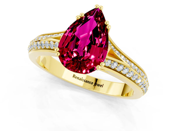 Yellow gold Pear Cut Garnet Split Shank Engagement Ring with Pavé Band
