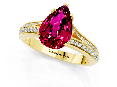 Yellow gold Pear Cut Garnet Split Shank Engagement Ring with Pavé Band_1
