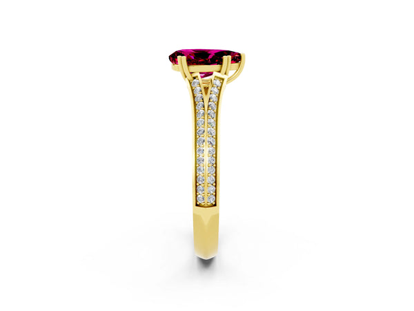 Yellow gold Pear Cut Garnet Split Shank Engagement Ring with Pavé Band