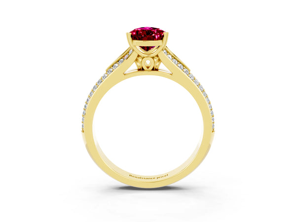 Yellow gold Pear Cut Garnet Split Shank Engagement Ring with Pavé Band