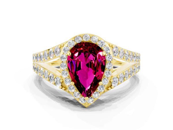 Yellow gold Pear Cut Garnet Split Shank Halo Ring with Four-Prong Setting