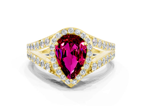 Yellow gold Pear Cut Garnet Split Shank Halo Ring with Four-Prong Setting_12