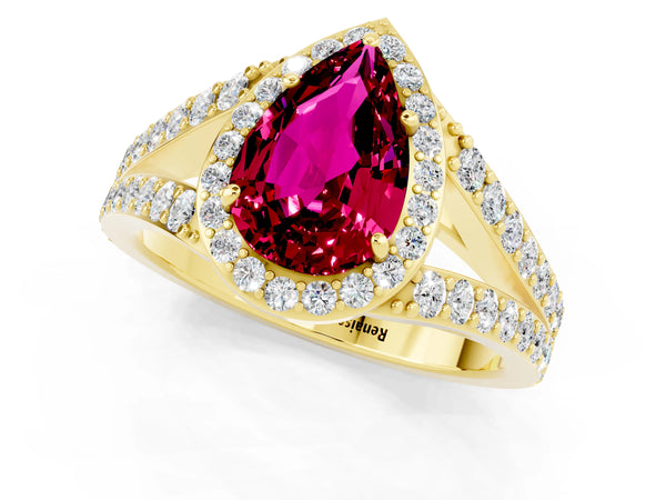 Yellow gold Pear Cut Garnet Split Shank Halo Ring with Four-Prong Setting