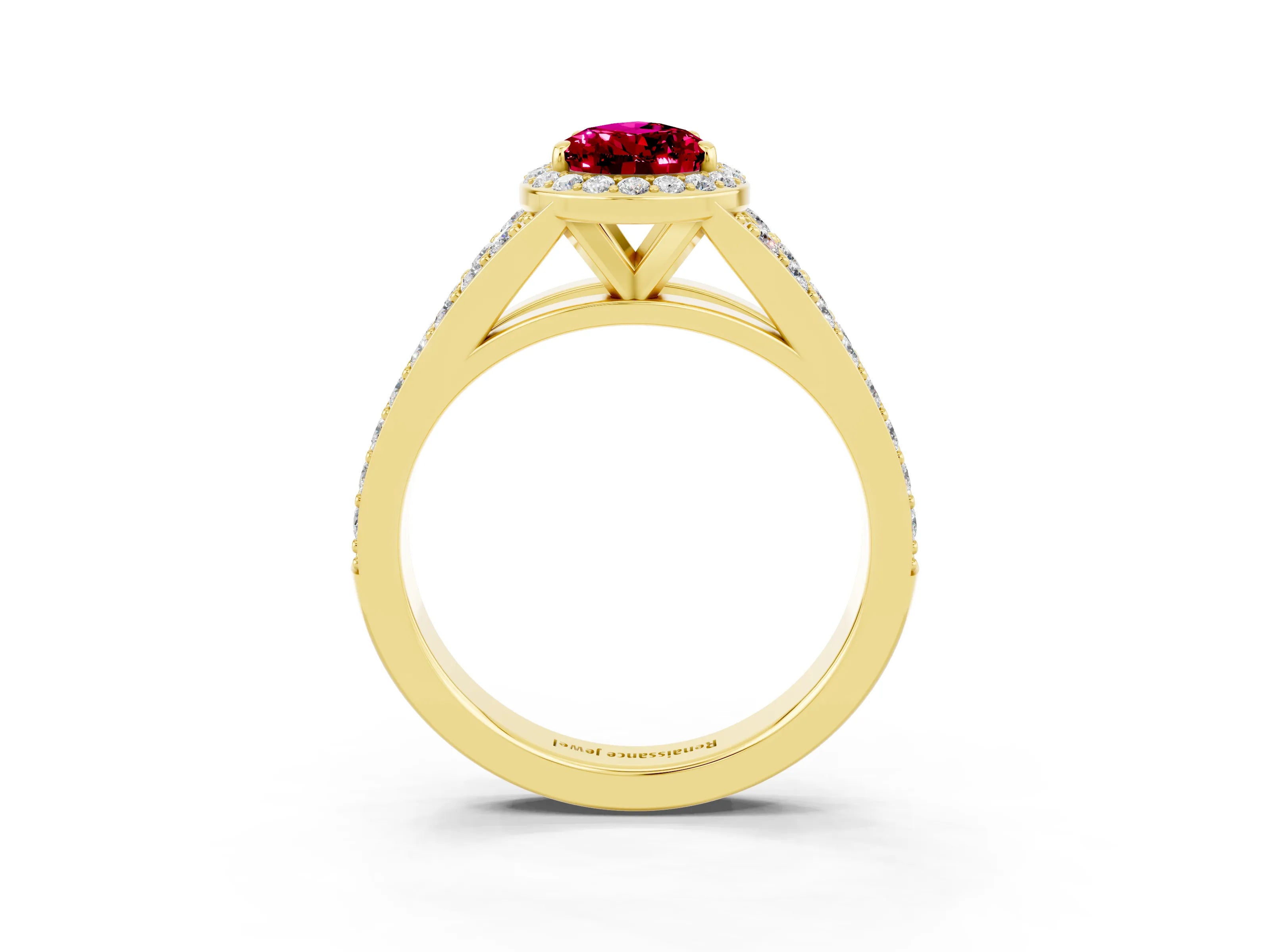 Yellow gold Pear Cut Garnet Split Shank Halo Ring with Four-Prong Setting_15
