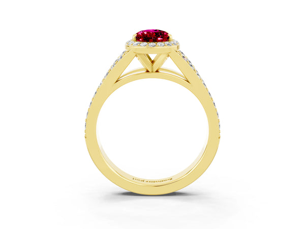 Yellow gold Pear Cut Garnet Split Shank Halo Ring with Four-Prong Setting