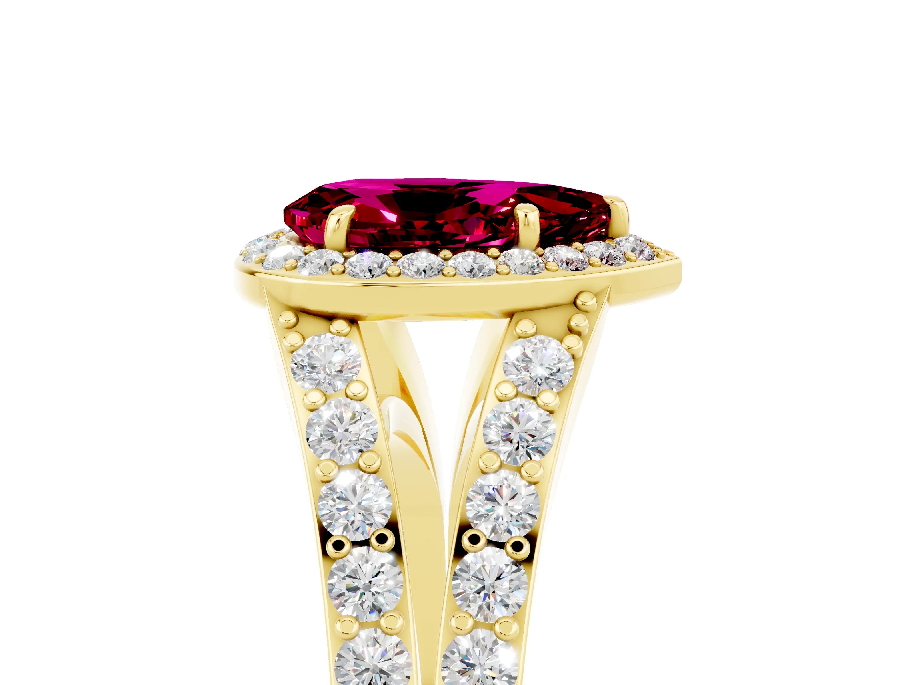 Yellow gold Pear Cut Garnet Split Shank Halo Ring with Four-Prong Setting_17