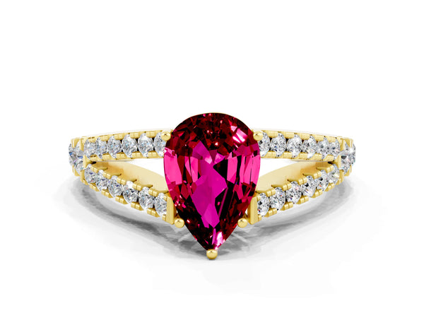 Yellow gold Pear Cut Garnet Split Shank Pavé Engagement Ring with Four-Prong Setting