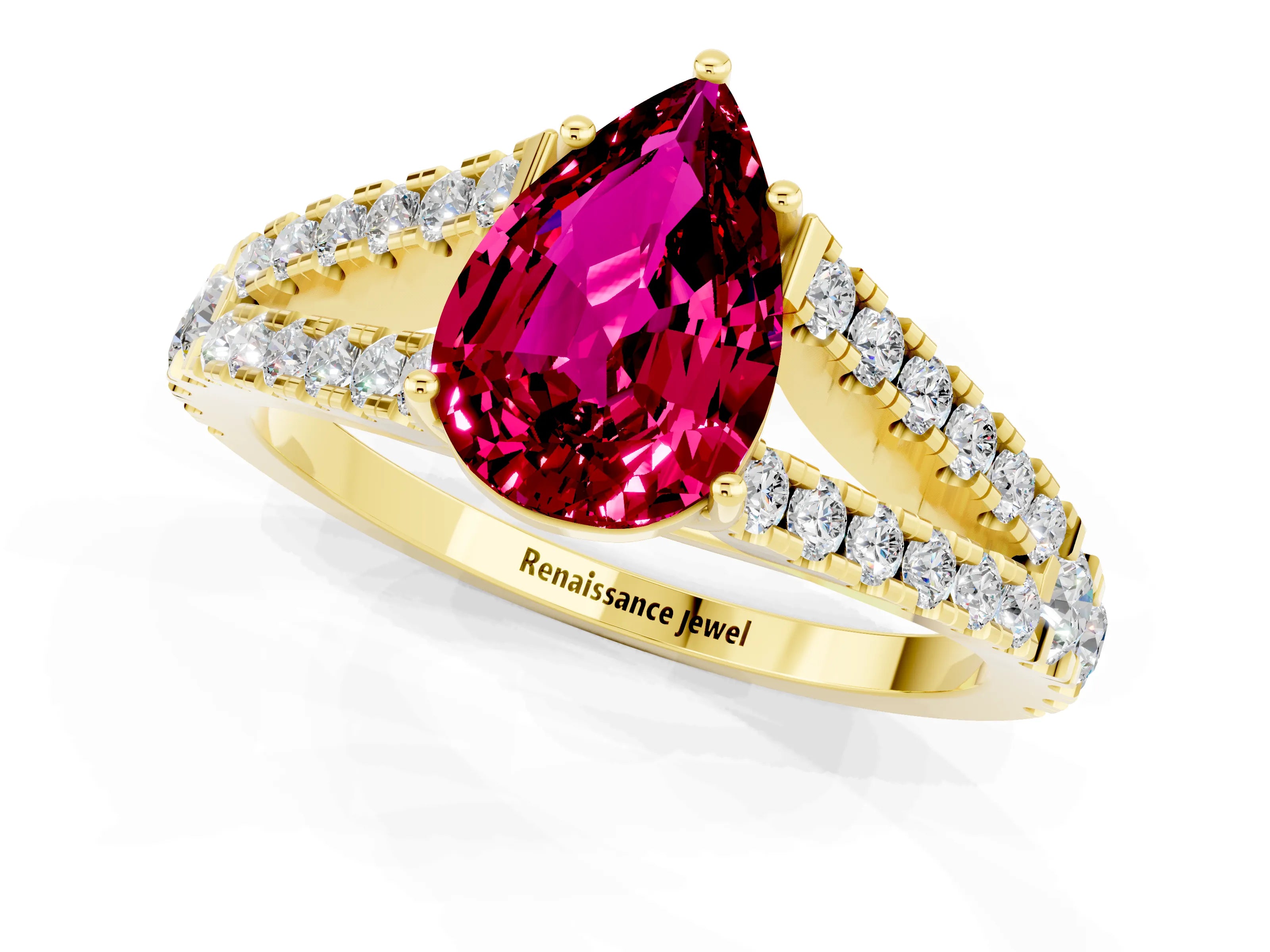 Yellow gold Pear Cut Garnet Split Shank Pavé Engagement Ring with Four-Prong Setting_13