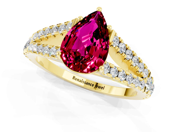 Yellow gold Pear Cut Garnet Split Shank Pavé Engagement Ring with Four-Prong Setting