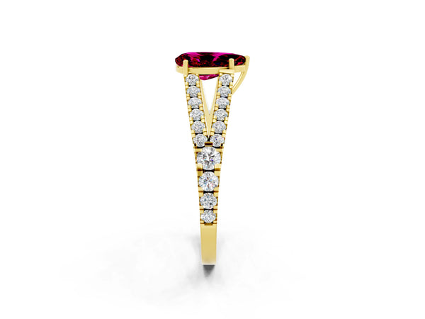 Yellow gold Pear Cut Garnet Split Shank Pavé Engagement Ring with Four-Prong Setting