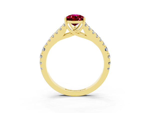 Yellow gold Pear Cut Garnet Split Shank Pavé Engagement Ring with Four-Prong Setting