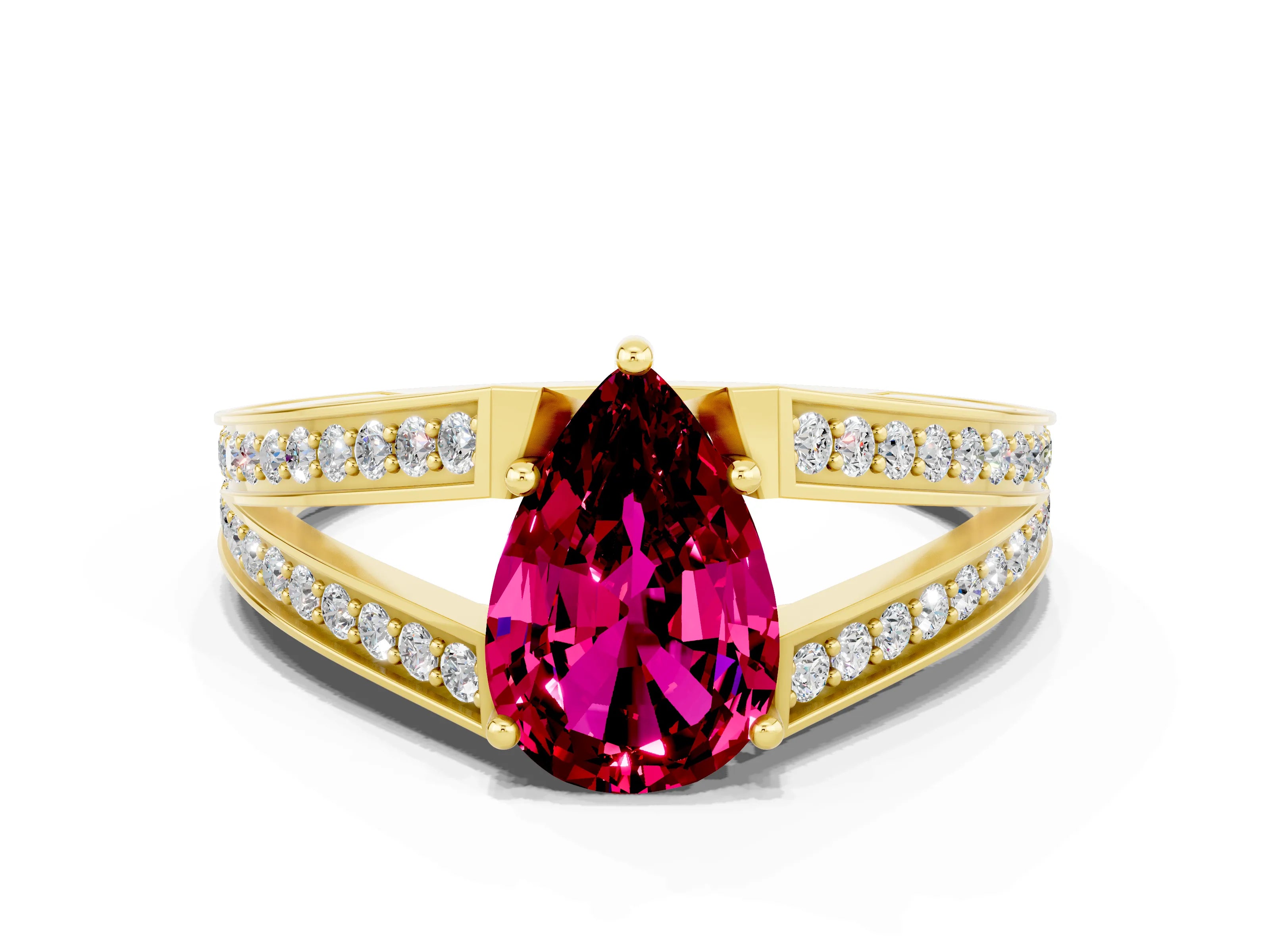 Yellow gold Pear Cut Garnet Split Shank Ring with Pavé Band and Four-Prong Setting