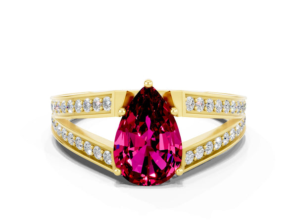 Yellow gold Pear Cut Garnet Split Shank Ring with Pavé Band and Four-Prong Setting