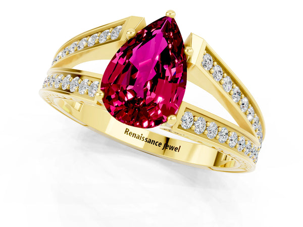 Yellow gold Pear Cut Garnet Split Shank Ring with Pavé Band and Four-Prong Setting