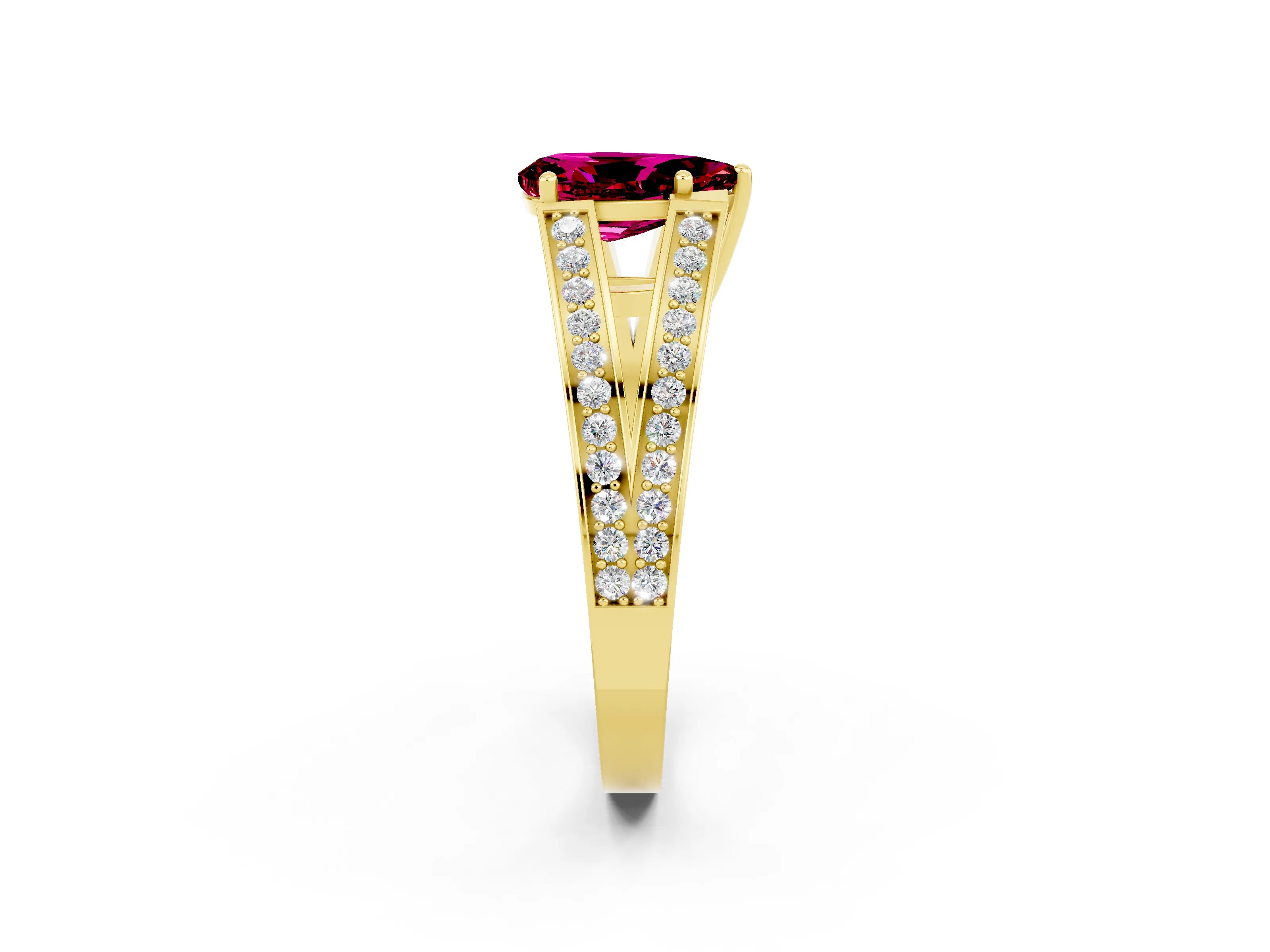 Yellow gold Pear Cut Garnet Split Shank Ring with Pavé Band and Four-Prong Setting_2