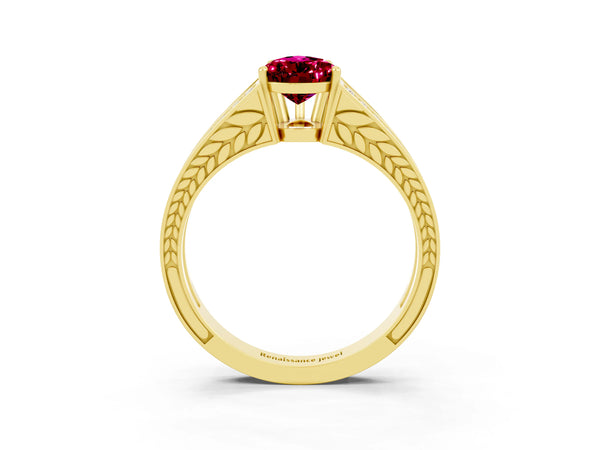 Yellow gold Pear Cut Garnet Split Shank Ring with Pavé Band and Four-Prong Setting