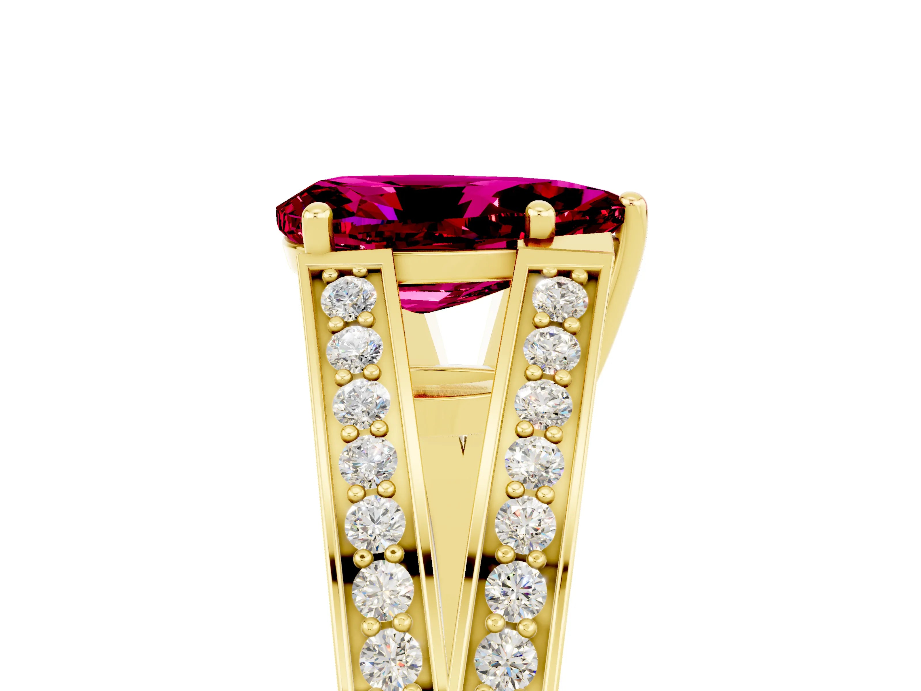 Yellow gold Pear Cut Garnet Split Shank Ring with Pavé Band and Four-Prong Setting_5