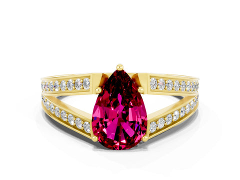 Yellow gold Pear Cut Garnet Split Shank Ring with Pavé Band and Four-Prong Setting