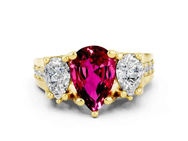 Yellow gold Pear Cut Garnet Three-Stone Ring with Channel Set Band and Four-Prong Setting
