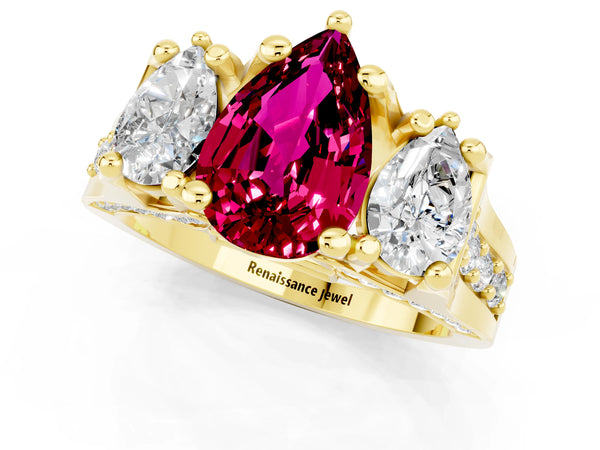 Yellow gold Pear Cut Garnet Three-Stone Ring with Channel Set Band and Four-Prong Setting