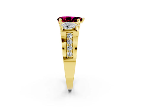 Yellow gold Pear Cut Garnet Three-Stone Ring with Channel Set Band and Four-Prong Setting_2