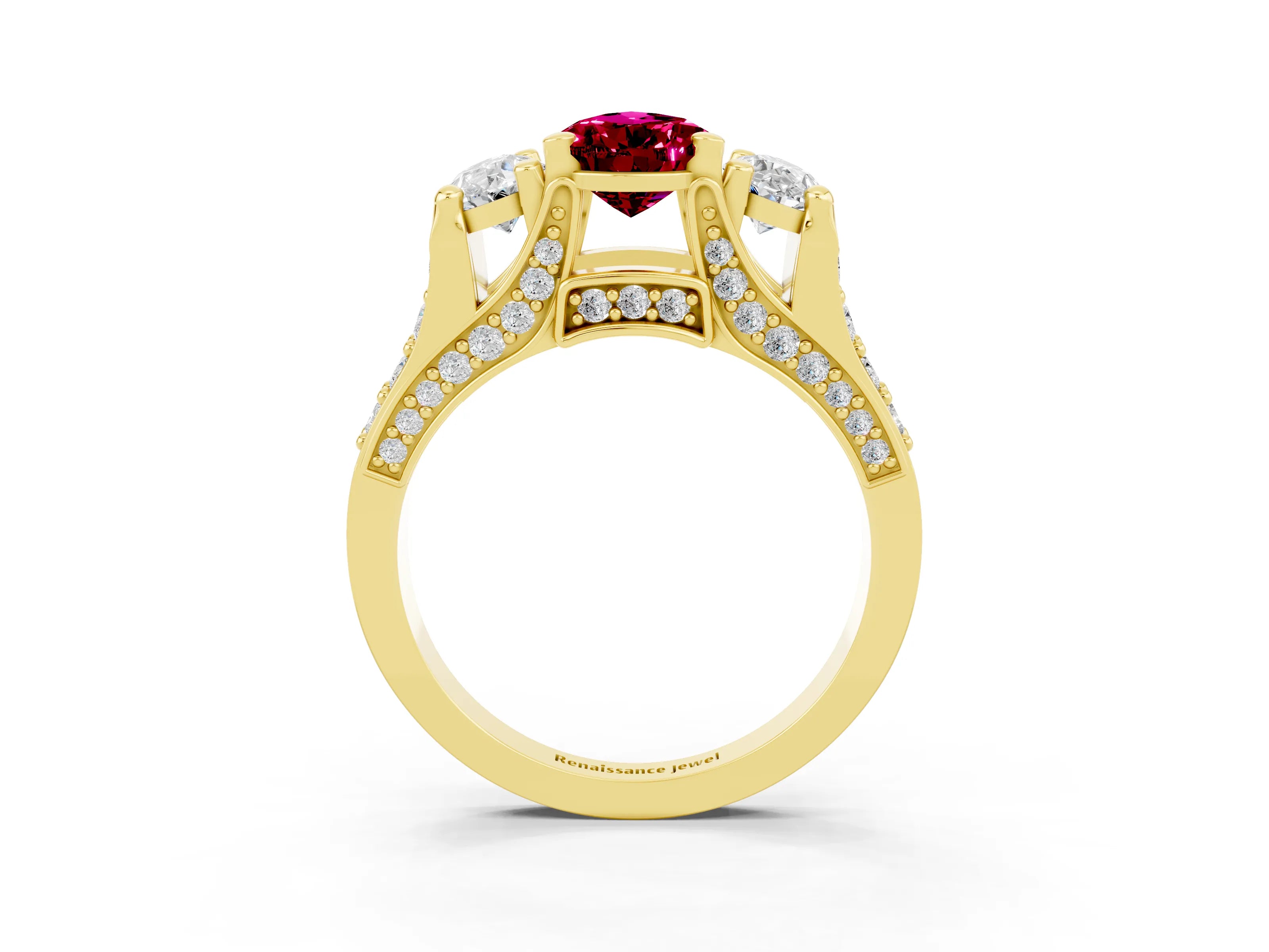 Yellow gold Pear Cut Garnet Three-Stone Ring with Channel Set Band and Four-Prong Setting_3