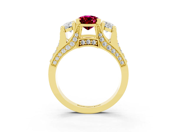 Yellow gold Pear Cut Garnet Three-Stone Ring with Channel Set Band and Four-Prong Setting