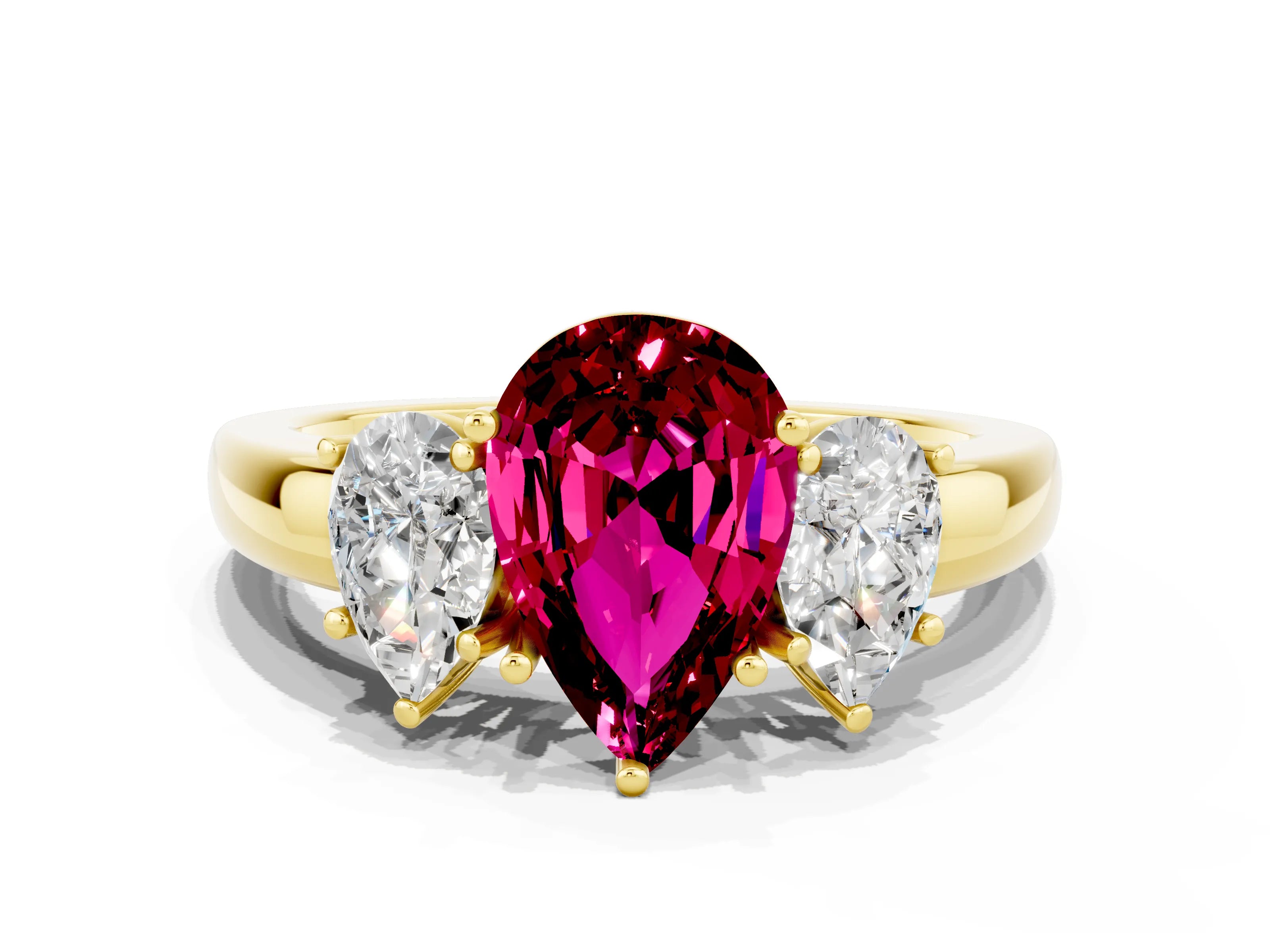Yellow gold Pear Cut Garnet Three-Stone Ring with Four-Prong Setting and Classic Band