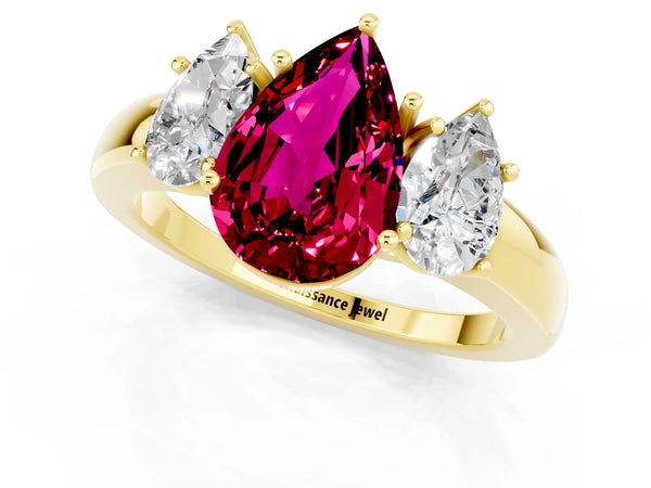 Yellow gold Pear Cut Garnet Three-Stone Ring with Four-Prong Setting and Classic Band