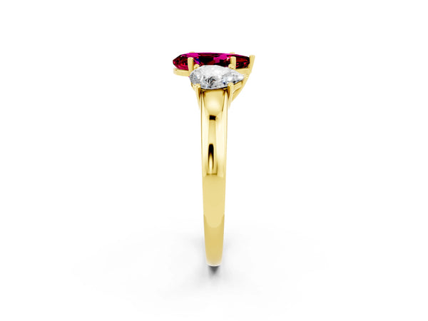 Yellow gold Pear Cut Garnet Three-Stone Ring with Four-Prong Setting and Classic Band