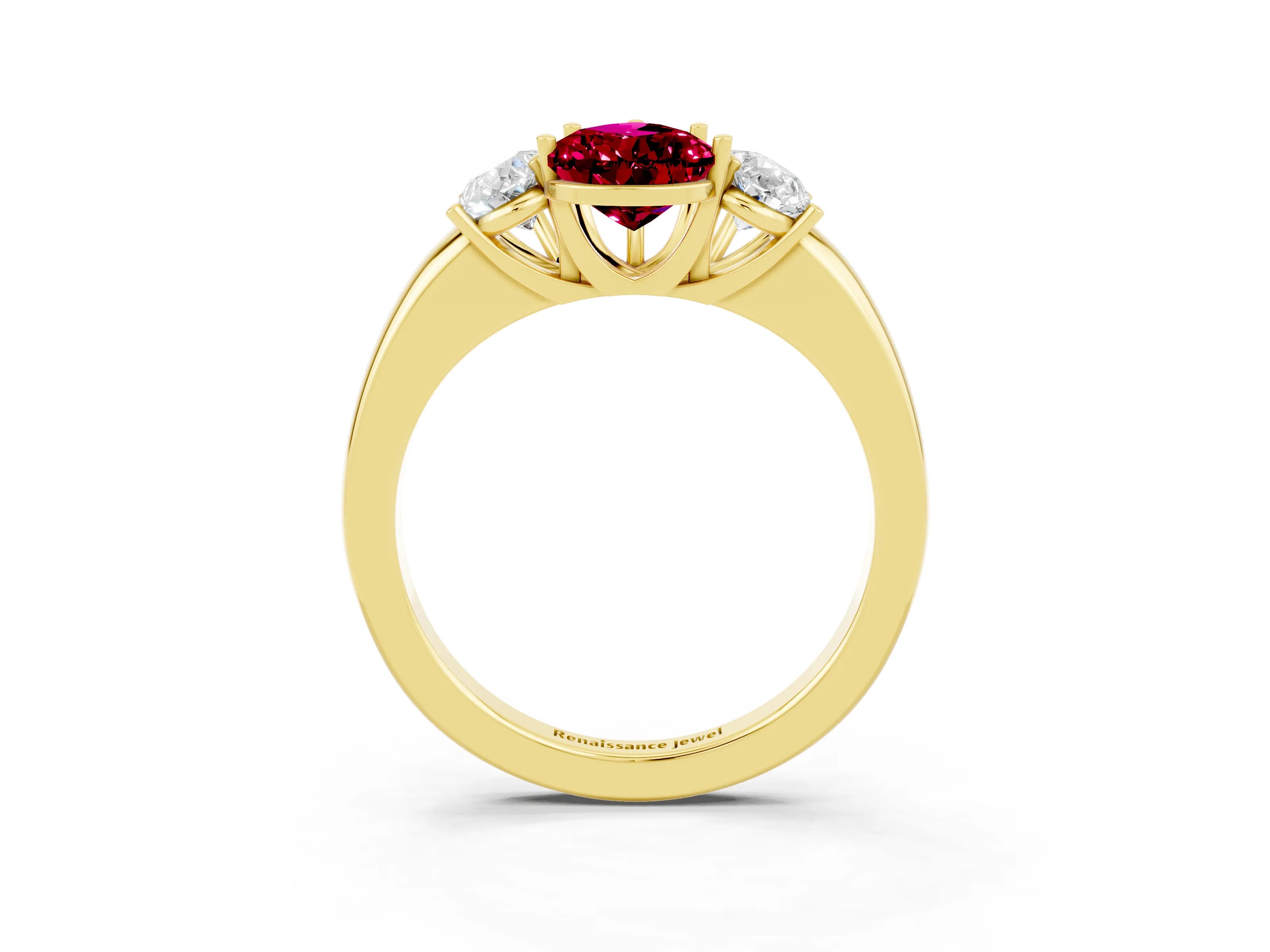 Yellow gold Pear Cut Garnet Three-Stone Ring with Four-Prong Setting and Classic Band_3