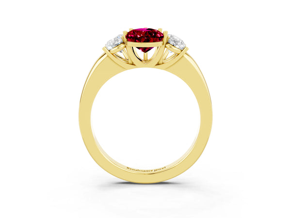 Yellow gold Pear Cut Garnet Three-Stone Ring with Four-Prong Setting and Classic Band