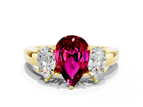 Yellow gold Pear Cut Garnet Three-Stone Ring with Four-Prong Setting and Classic Band