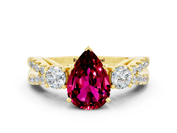 Yellow gold Pear Cut Garnet Three-Stone Ring with Pavé Split Shank and Four-Prong Setting