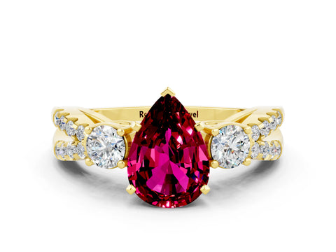 Yellow gold Pear Cut Garnet Three-Stone Ring with Pavé Split Shank and Four-Prong Setting_12