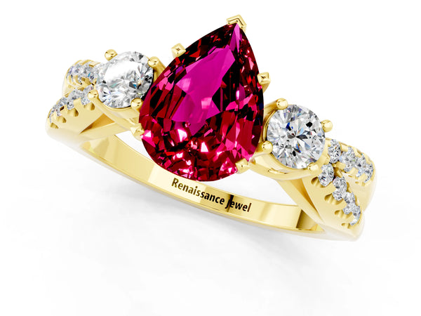 Yellow gold Pear Cut Garnet Three-Stone Ring with Pavé Split Shank and Four-Prong Setting