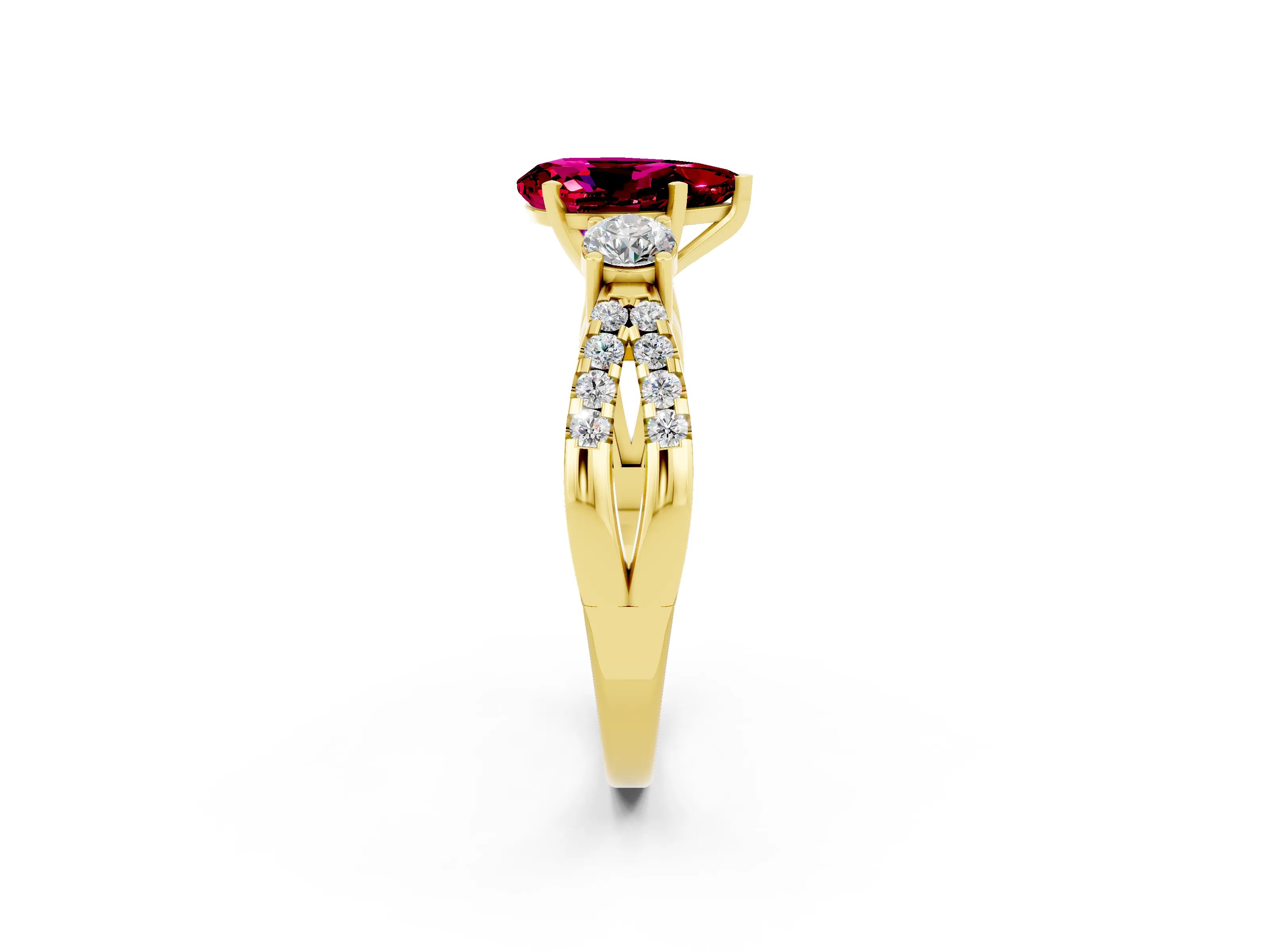 Yellow gold Pear Cut Garnet Three-Stone Ring with Pavé Split Shank and Four-Prong Setting_14