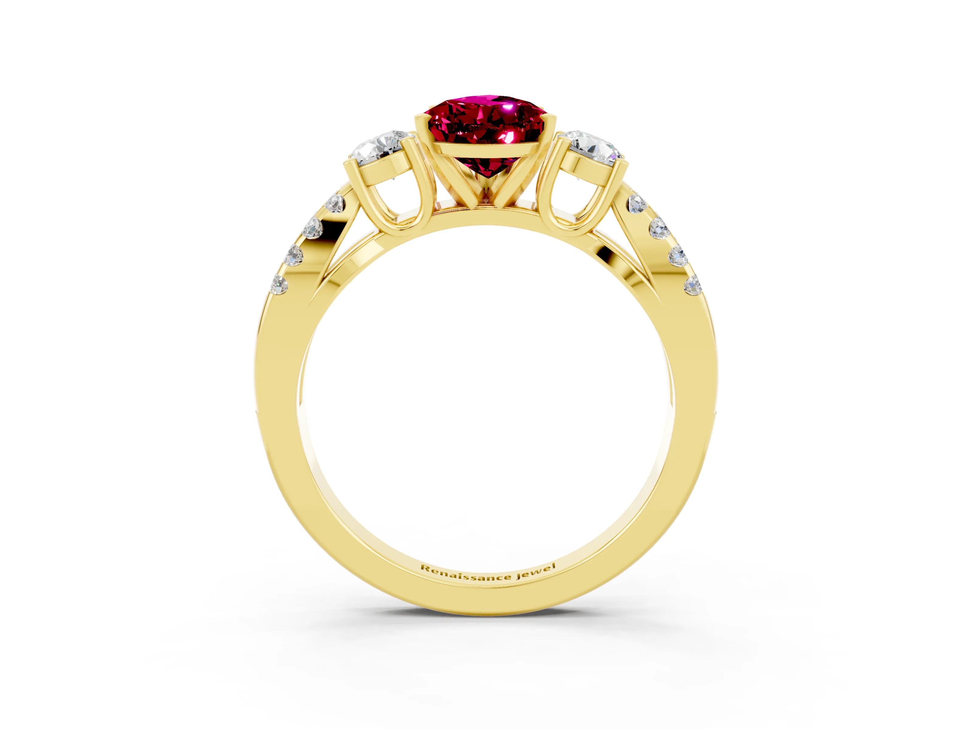 Yellow gold Pear Cut Garnet Three-Stone Ring with Pavé Split Shank and Four-Prong Setting_15