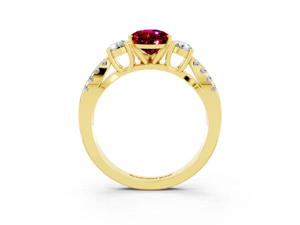 Yellow gold Pear Cut Garnet Three-Stone Ring with Pavé Split Shank and Four-Prong Setting