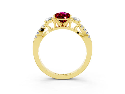 Yellow gold Pear Cut Garnet Three-Stone Ring with Pavé Split Shank and Four-Prong Setting_15